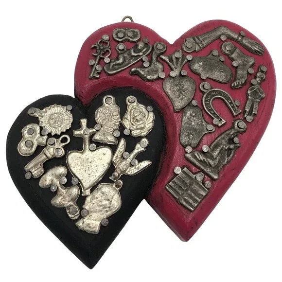Red & Black Mexican Milagro Wooden Double Heart with Silver Pins Folk Art